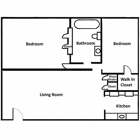 Floor plan for 2 beds, 1 bath, 772 sqft